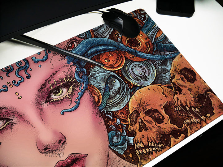 Ethereal Cyber Queen, Desk Pad, Mouse Pad, Desk Mat, Surreal Sci-Fi, Biomechanical Art, Futuristic Fantasy, Dark Aesthetic