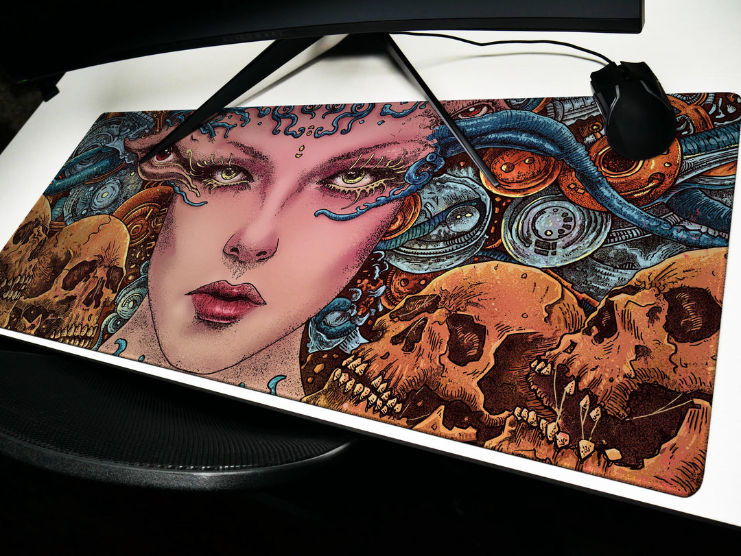 Ethereal Cyber Queen, Desk Pad, Mouse Pad, Desk Mat, Surreal Sci-Fi, Biomechanical Art, Futuristic Fantasy, Dark Aesthetic