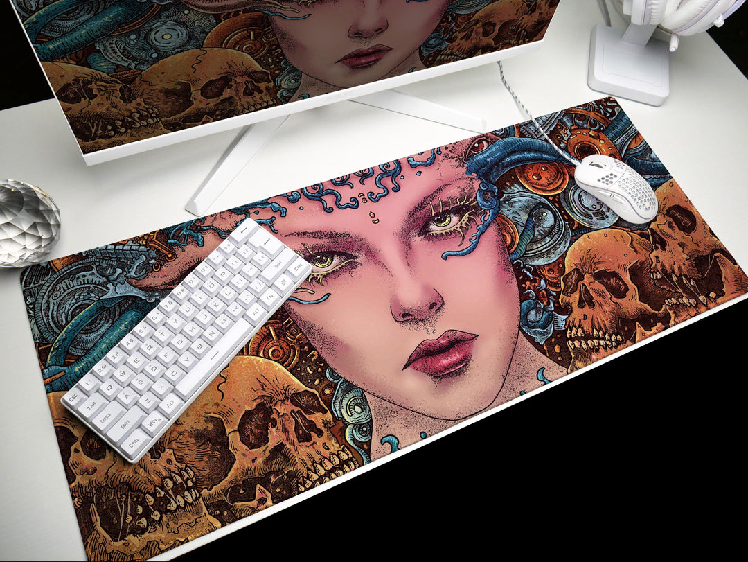 Ethereal Cyber Queen, Desk Pad, Mouse Pad, Desk Mat, Surreal Sci-Fi, Biomechanical Art, Futuristic Fantasy, Dark Aesthetic