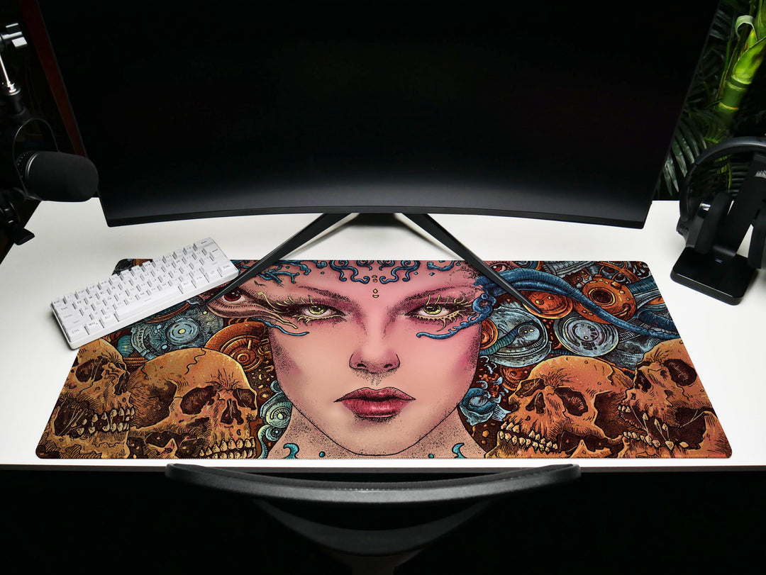 Ethereal Cyber Queen, Desk Pad, Mouse Pad, Desk Mat, Surreal Sci-Fi, Biomechanical Art, Futuristic Fantasy, Dark Aesthetic