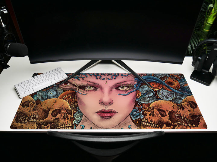 Ethereal Cyber Queen, Desk Pad, Mouse Pad, Desk Mat, Surreal Sci-Fi, Biomechanical Art, Futuristic Fantasy, Dark Aesthetic