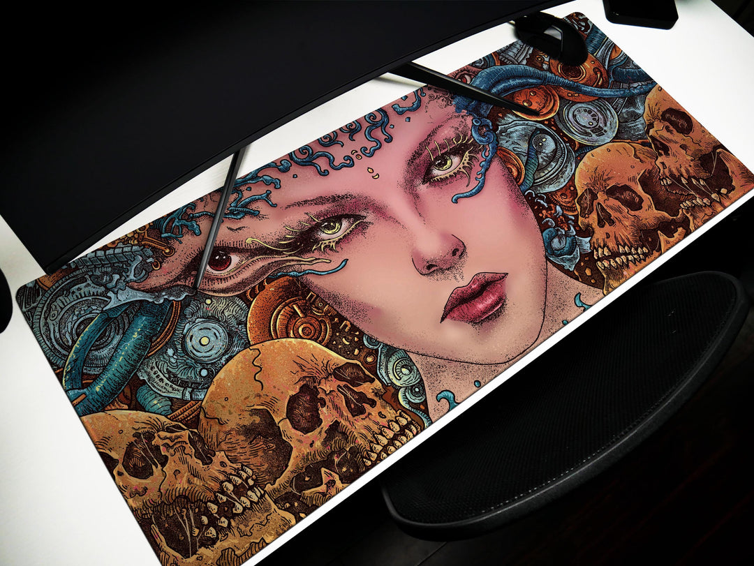 Ethereal Cyber Queen, Desk Pad, Mouse Pad, Desk Mat, Surreal Sci-Fi, Biomechanical Art, Futuristic Fantasy, Dark Aesthetic