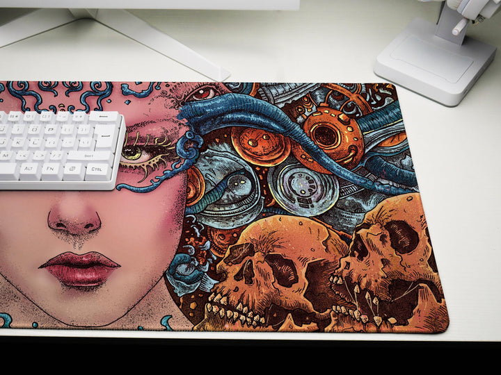 Ethereal Cyber Queen, Desk Pad, Mouse Pad, Desk Mat, Surreal Sci-Fi, Biomechanical Art, Futuristic Fantasy, Dark Aesthetic