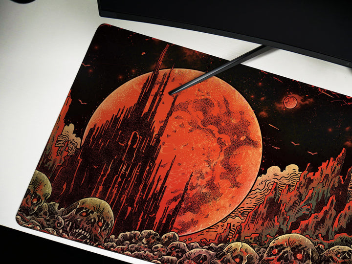 Blood Moons of Oblivion, Desk Pad, Mouse Pad, Desk Mat, Blood Moon Horror, Crimson Planet, Dystopian Wasteland, Infernal Skulls
