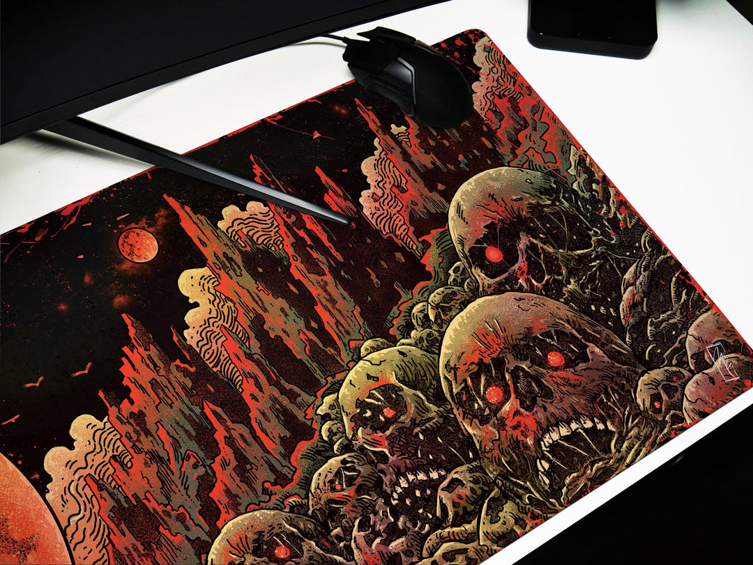 Blood Moons of Oblivion, Desk Pad, Mouse Pad, Desk Mat, Blood Moon Horror, Crimson Planet, Dystopian Wasteland, Infernal Skulls
