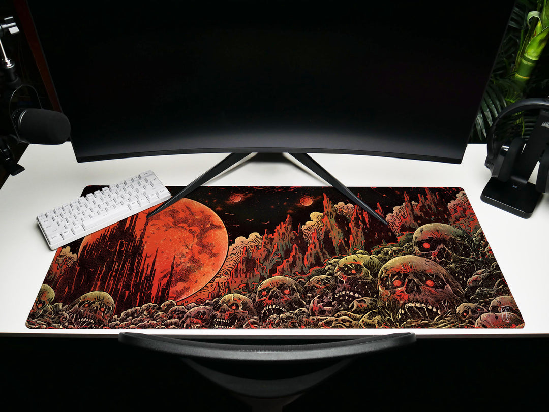 Blood Moons of Oblivion, Desk Pad, Mouse Pad, Desk Mat, Blood Moon Horror, Crimson Planet, Dystopian Wasteland, Infernal Skulls