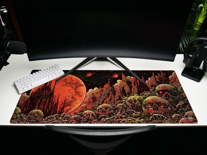 Blood Moons of Oblivion, Desk Pad, Mouse Pad, Desk Mat, Blood Moon Horror, Crimson Planet, Dystopian Wasteland, Infernal Skulls