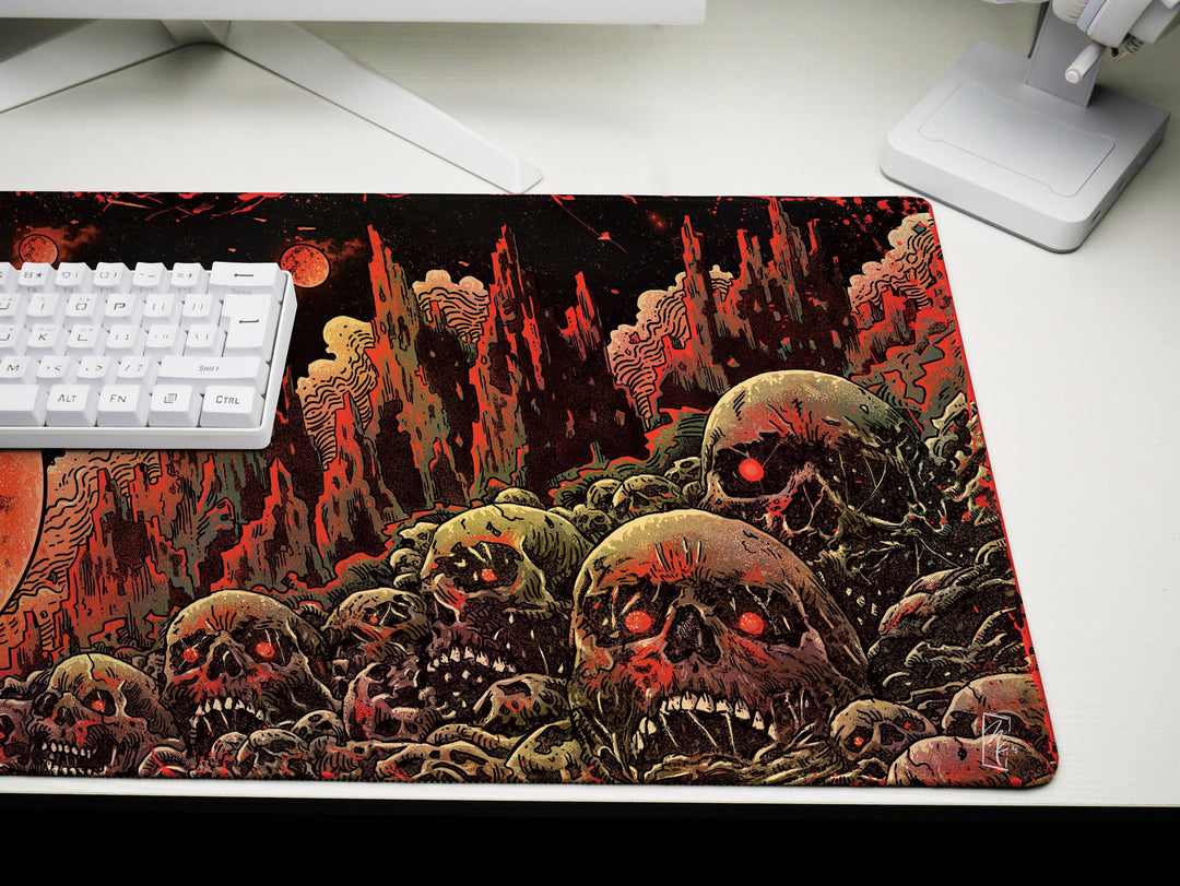 Blood Moons of Oblivion, Desk Pad, Mouse Pad, Desk Mat, Blood Moon Horror, Crimson Planet, Dystopian Wasteland, Infernal Skulls