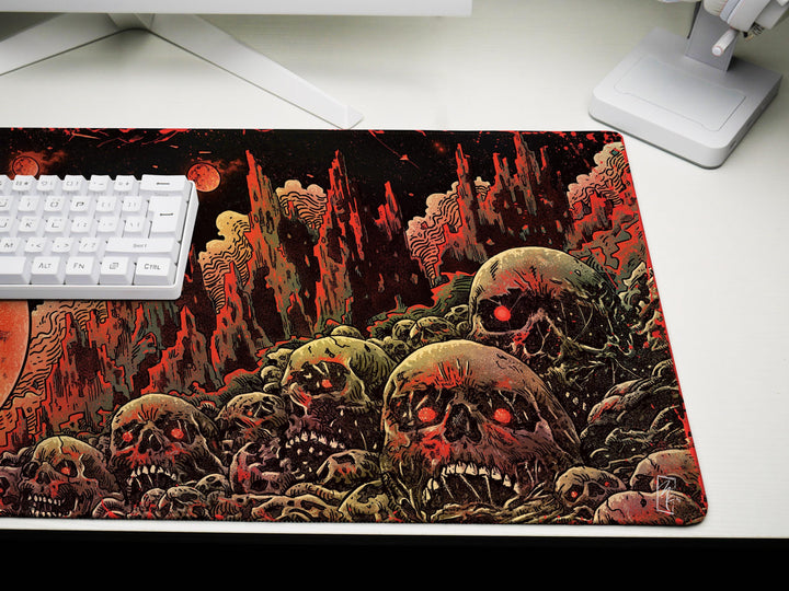 Blood Moons of Oblivion, Desk Pad, Mouse Pad, Desk Mat, Blood Moon Horror, Crimson Planet, Dystopian Wasteland, Infernal Skulls