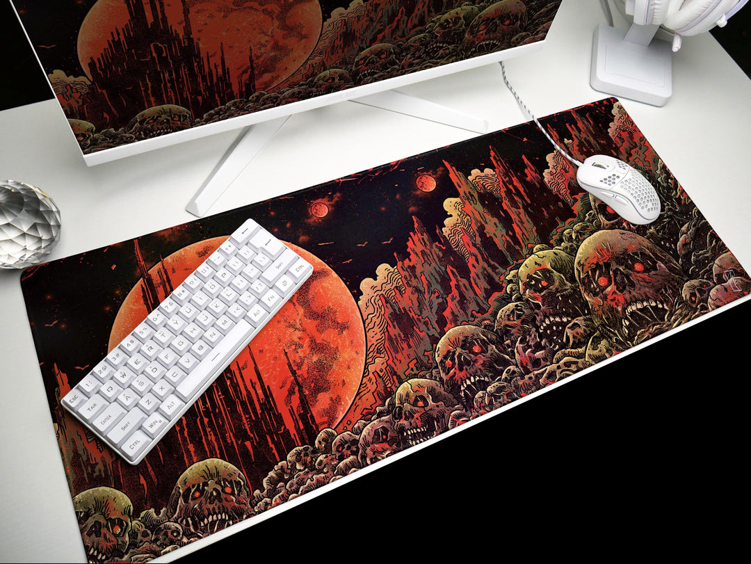Blood Moons of Oblivion, Desk Pad, Mouse Pad, Desk Mat, Blood Moon Horror, Crimson Planet, Dystopian Wasteland, Infernal Skulls