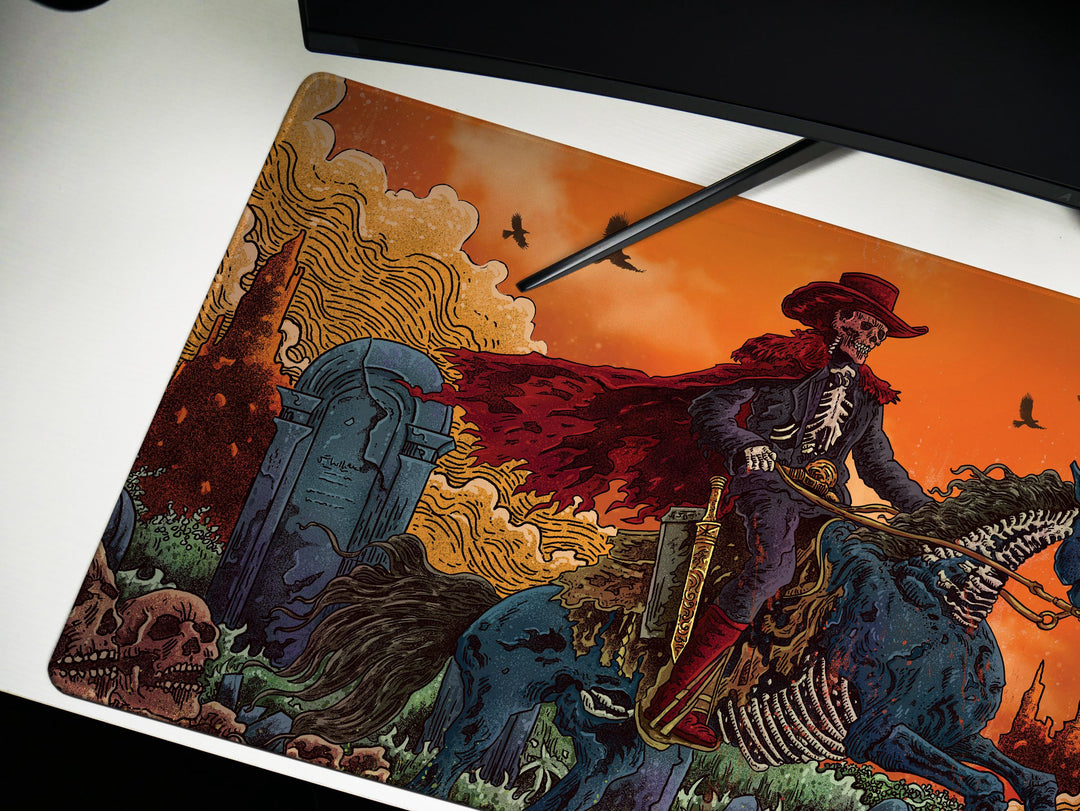 Deadlands Eclipse, Desk Pad, Mouse Pad, Desk Mat, Undead Cowboy Rider, Apocalyptic Western, Blood Moon Backdrop, Gothic Horror Art