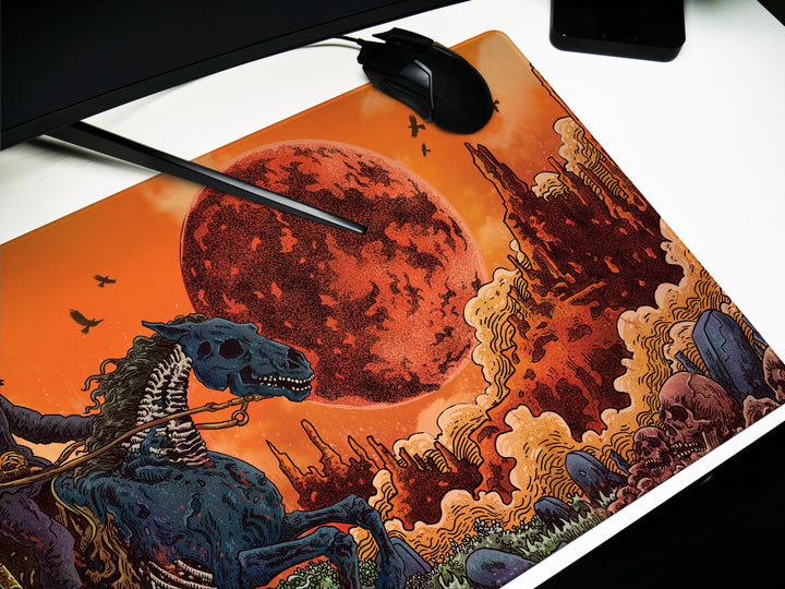 Deadlands Eclipse, Desk Pad, Mouse Pad, Desk Mat, Undead Cowboy Rider, Apocalyptic Western, Blood Moon Backdrop, Gothic Horror Art