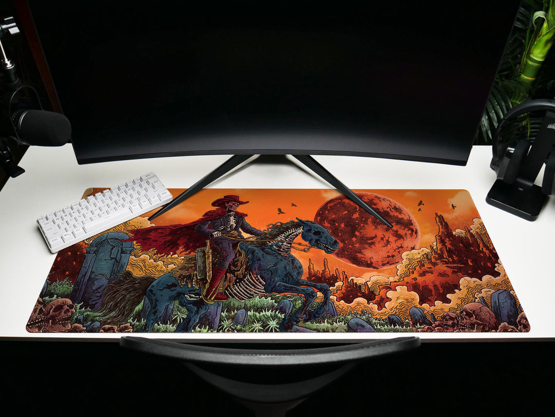 Deadlands Eclipse, Desk Pad, Mouse Pad, Desk Mat, Undead Cowboy Rider, Apocalyptic Western, Blood Moon Backdrop, Gothic Horror Art