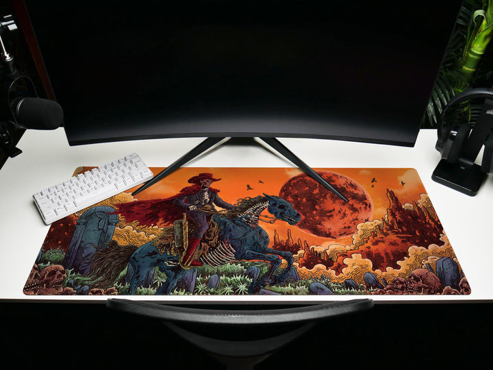 Deadlands Eclipse, Desk Pad, Mouse Pad, Desk Mat, Undead Cowboy Rider, Apocalyptic Western, Blood Moon Backdrop, Gothic Horror Art