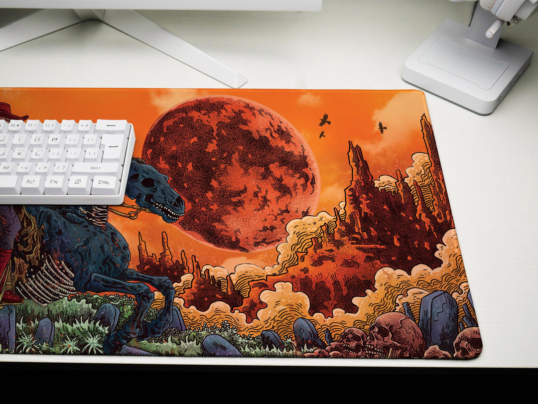 Deadlands Eclipse, Desk Pad, Mouse Pad, Desk Mat, Undead Cowboy Rider, Apocalyptic Western, Blood Moon Backdrop, Gothic Horror Art