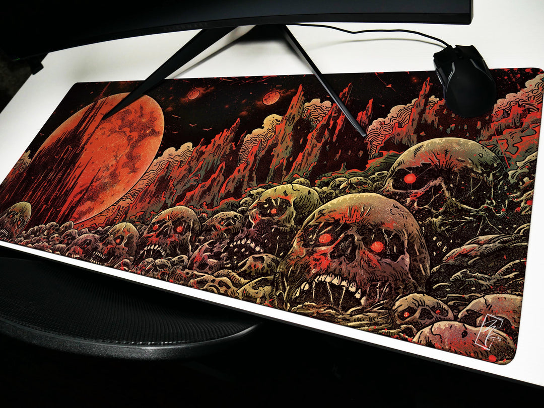 Blood Moons of Oblivion, Desk Pad, Mouse Pad, Desk Mat, Blood Moon Horror, Crimson Planet, Dystopian Wasteland, Infernal Skulls