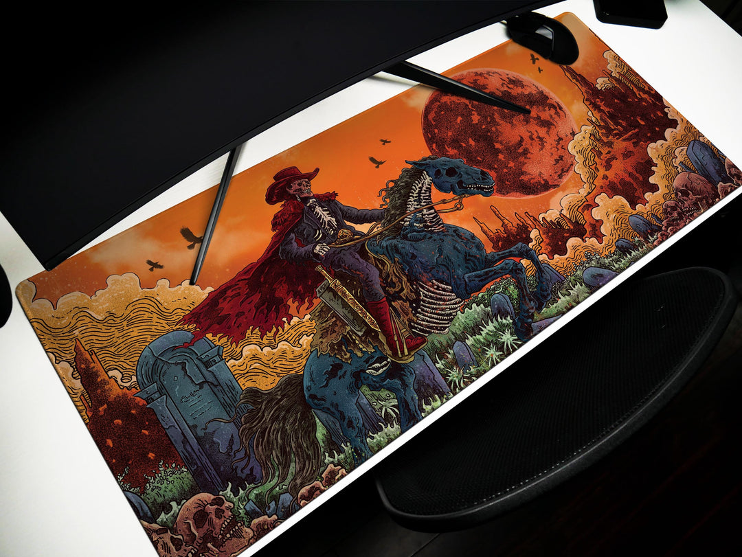 Deadlands Eclipse, Desk Pad, Mouse Pad, Desk Mat, Undead Cowboy Rider, Apocalyptic Western, Blood Moon Backdrop, Gothic Horror Art