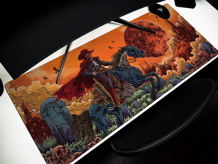 Deadlands Eclipse, Desk Pad, Mouse Pad, Desk Mat, Undead Cowboy Rider, Apocalyptic Western, Blood Moon Backdrop, Gothic Horror Art