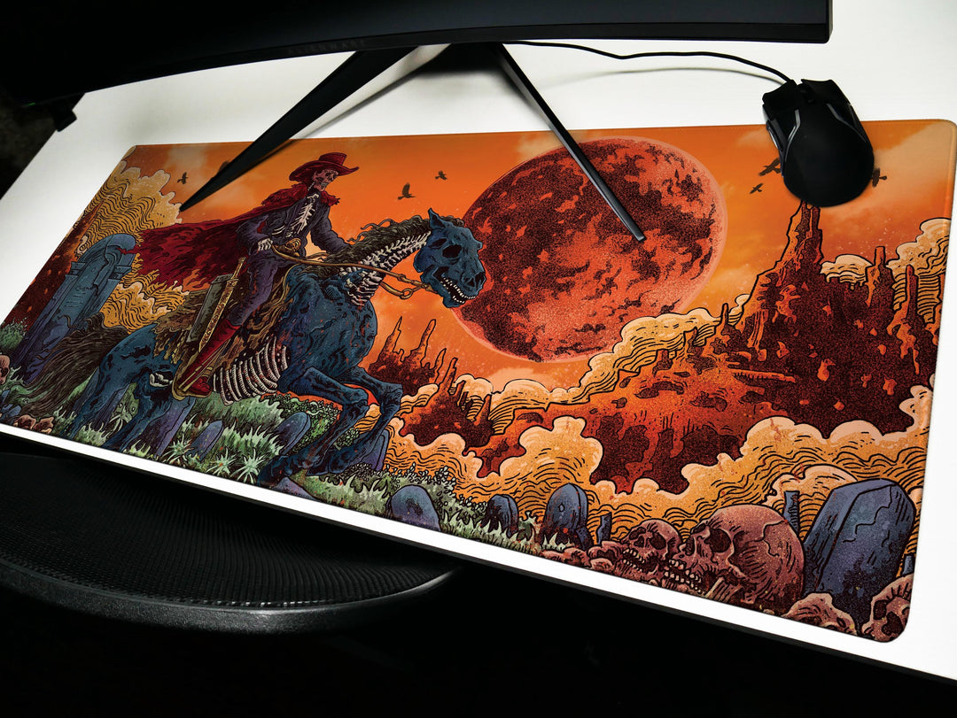 Deadlands Eclipse, Desk Pad, Mouse Pad, Desk Mat, Undead Cowboy Rider, Apocalyptic Western, Blood Moon Backdrop, Gothic Horror Art