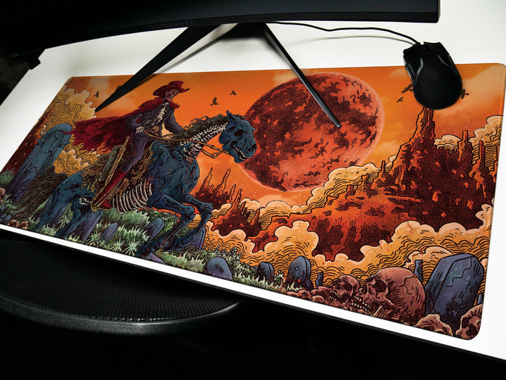 Deadlands Eclipse, Desk Pad, Mouse Pad, Desk Mat, Undead Cowboy Rider, Apocalyptic Western, Blood Moon Backdrop, Gothic Horror Art