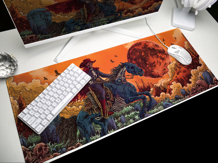 Deadlands Eclipse, Desk Pad, Mouse Pad, Desk Mat, Undead Cowboy Rider, Apocalyptic Western, Blood Moon Backdrop, Gothic Horror Art
