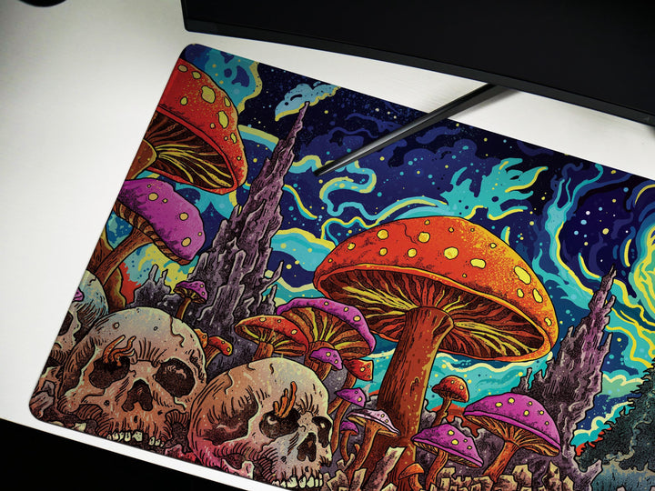 Psychedelic Skullscape, Desk Pad, Mouse Pad, Desk Mat, Cosmic Mushroom Forest, Vibrant Fantasy Art, Surreal Night Sky, Bold Statement Piece