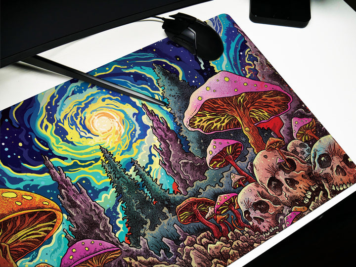 Psychedelic Skullscape, Desk Pad, Mouse Pad, Desk Mat, Cosmic Mushroom Forest, Vibrant Fantasy Art, Surreal Night Sky, Bold Statement Piece