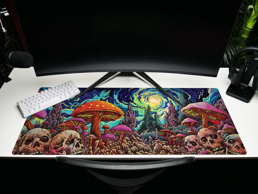 Psychedelic Skullscape, Desk Pad, Mouse Pad, Desk Mat, Cosmic Mushroom Forest, Vibrant Fantasy Art, Surreal Night Sky, Bold Statement Piece