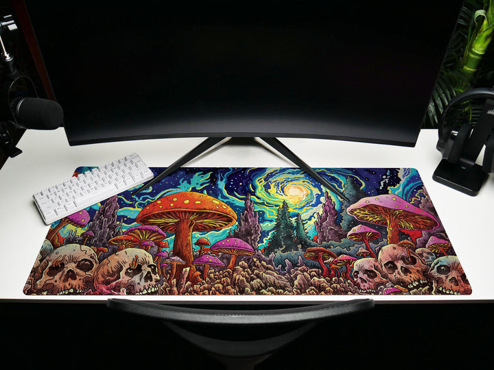 Psychedelic Skullscape, Desk Pad, Mouse Pad, Desk Mat, Cosmic Mushroom Forest, Vibrant Fantasy Art, Surreal Night Sky, Bold Statement Piece
