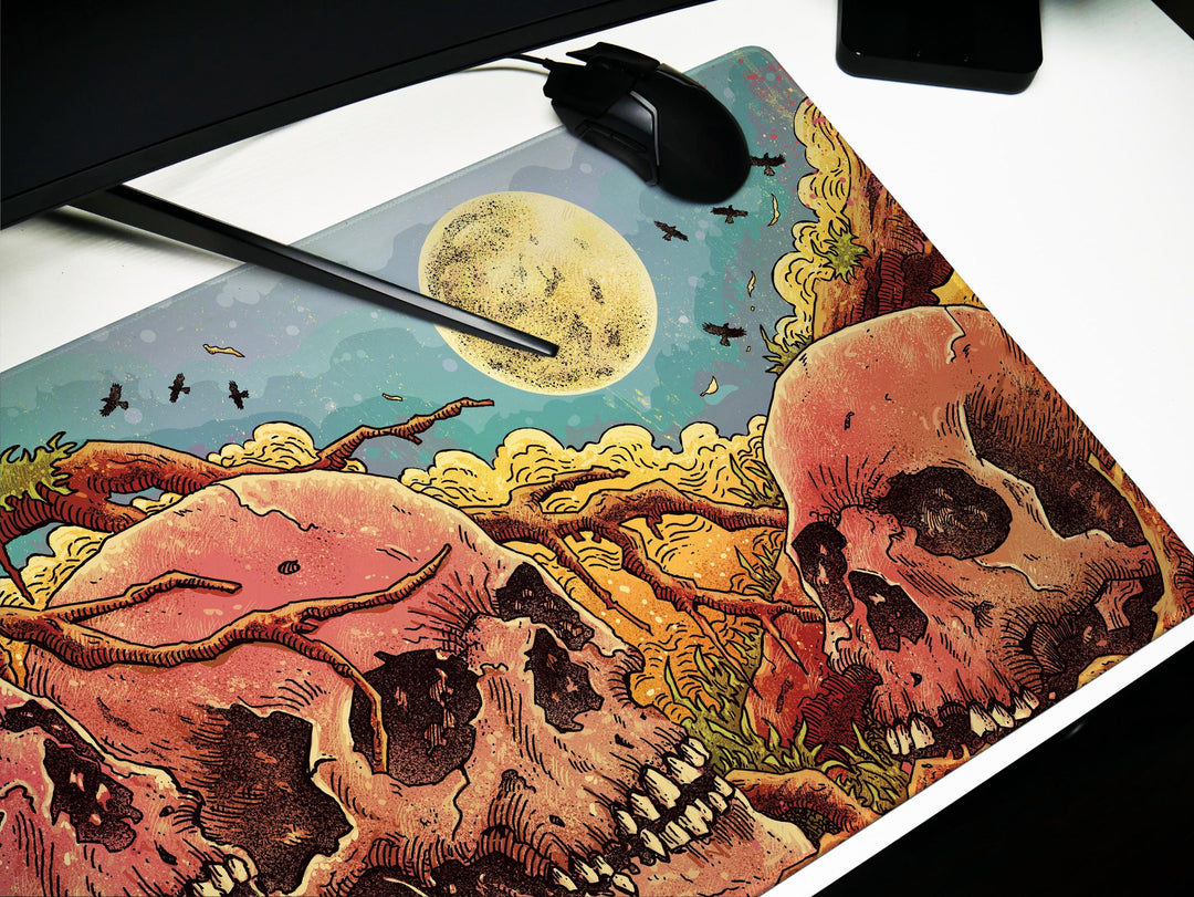 Skulls of the Withered Grove, Desk Pad, Mouse Pad, Desk Mat, Bone Forest Horror, Surreal Nature, Full Moon Haunt