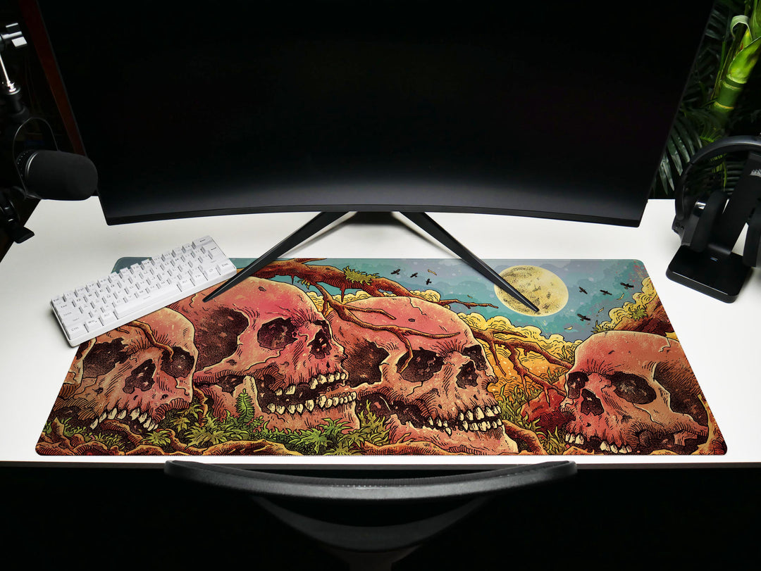 Skulls of the Withered Grove, Desk Pad, Mouse Pad, Desk Mat, Bone Forest Horror, Surreal Nature, Full Moon Haunt