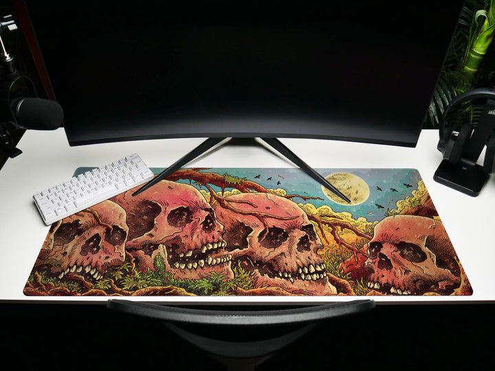 Skulls of the Withered Grove, Desk Pad, Mouse Pad, Desk Mat, Bone Forest Horror, Surreal Nature, Full Moon Haunt