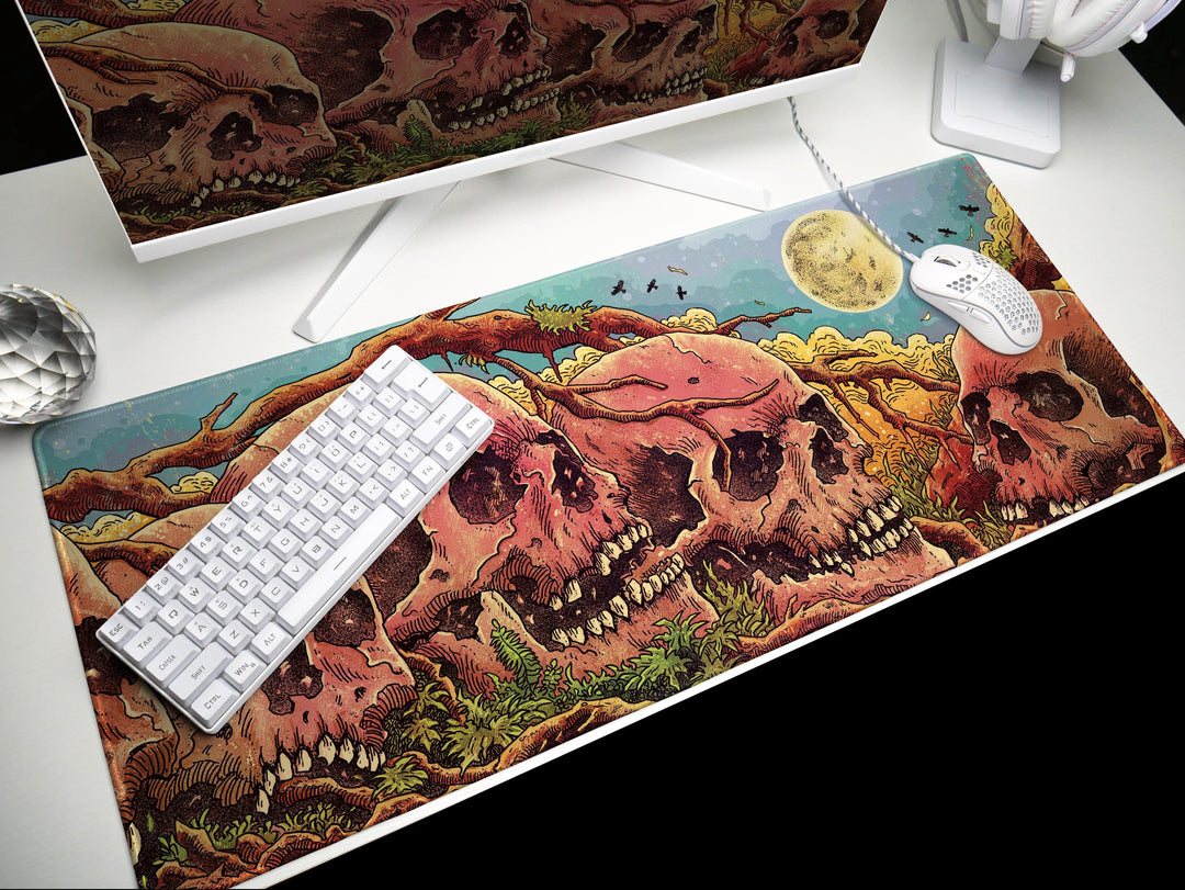 Skulls of the Withered Grove, Desk Pad, Mouse Pad, Desk Mat, Bone Forest Horror, Surreal Nature, Full Moon Haunt