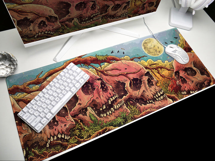 Skulls of the Withered Grove, Desk Pad, Mouse Pad, Desk Mat, Bone Forest Horror, Surreal Nature, Full Moon Haunt