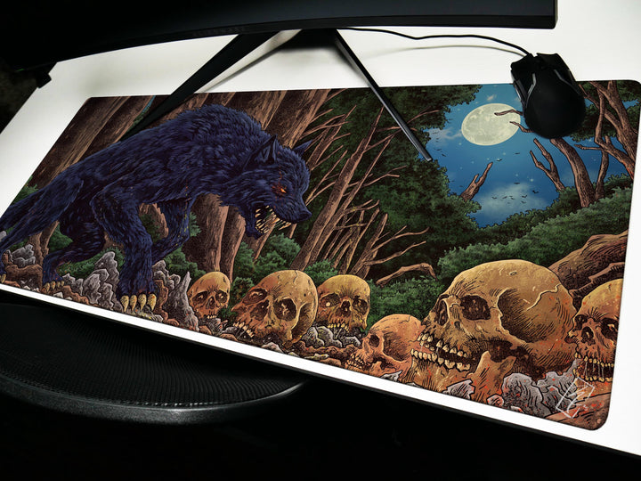 Feral Eclipse, Desk Pad, Mouse Pad, Desk Mat, Gothic Forest Predator, Skull Field, Nocturnal Monster Art, Fantasy Darkness