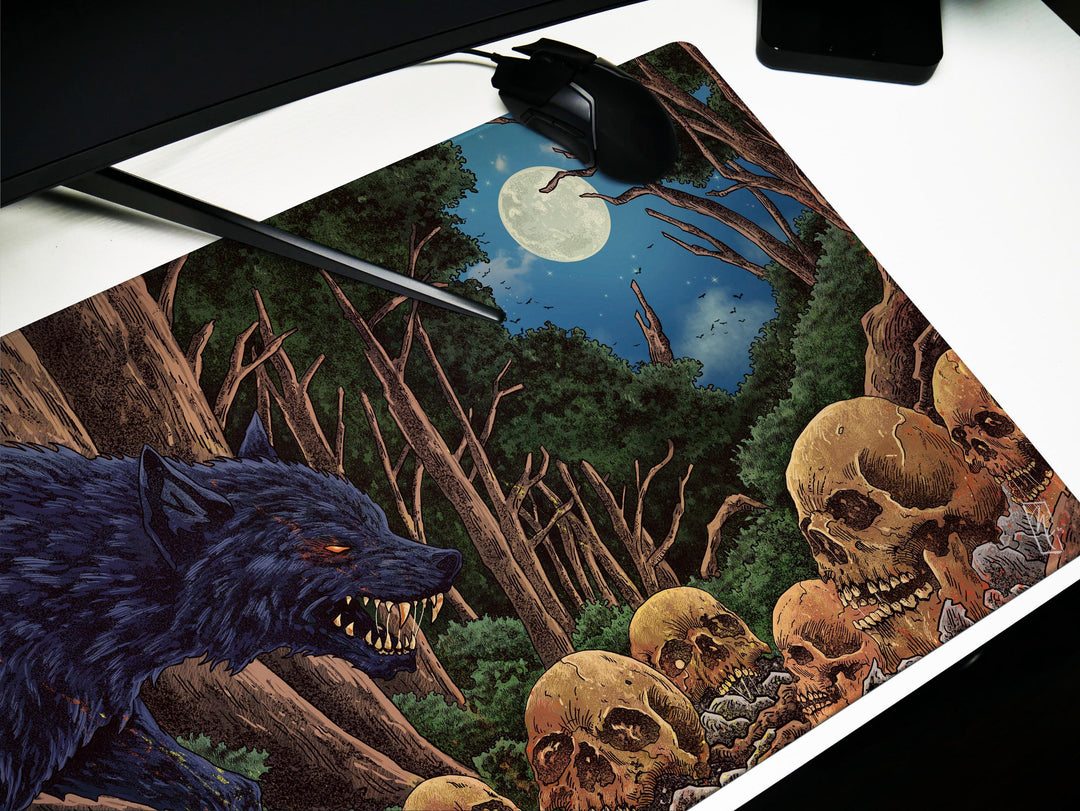 Feral Eclipse, Desk Pad, Mouse Pad, Desk Mat, Gothic Forest Predator, Skull Field, Nocturnal Monster Art, Fantasy Darkness