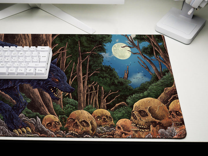 Feral Eclipse, Desk Pad, Mouse Pad, Desk Mat, Gothic Forest Predator, Skull Field, Nocturnal Monster Art, Fantasy Darkness