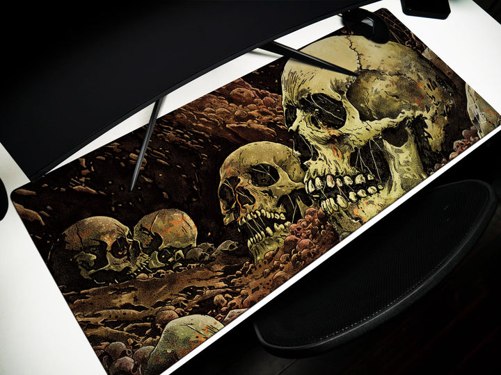 Grave Echoes, Desk Pad, Mouse Pad, Desk Mat, Decaying Skulls Art, Dark Horror Vibe, Graphic Bonescape, Gothic Dungeon Decor