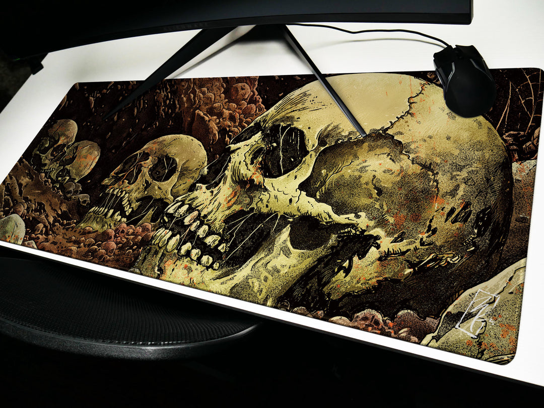 Grave Echoes, Desk Pad, Mouse Pad, Desk Mat, Decaying Skulls Art, Dark Horror Vibe, Graphic Bonescape, Gothic Dungeon Decor