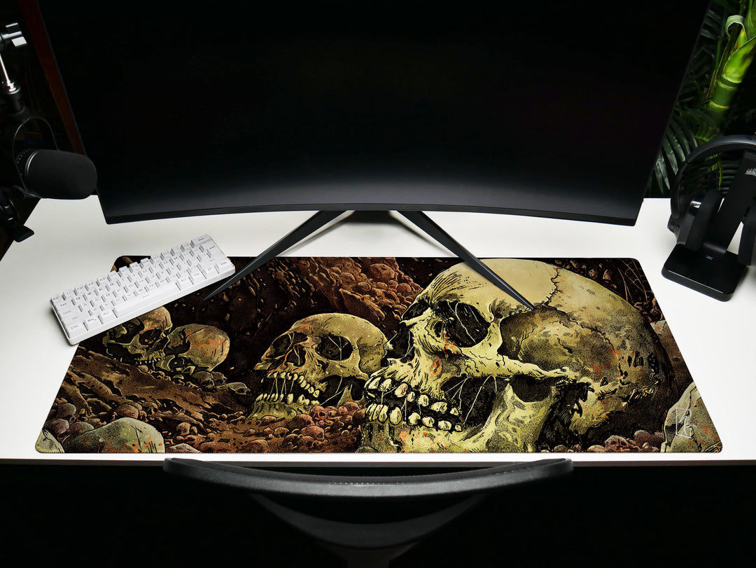 Grave Echoes, Desk Pad, Mouse Pad, Desk Mat, Decaying Skulls Art, Dark Horror Vibe, Graphic Bonescape, Gothic Dungeon Decor
