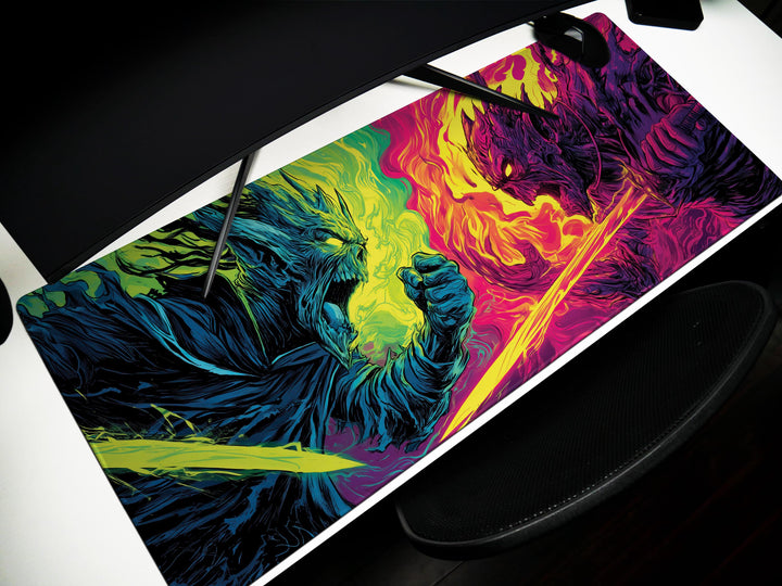Clash of Infernal Titans, Desk Pad, Mouse Pad, Desk Mat, Neon Duel, Elemental Fury, Fiery Swordsmen, Dark Fantasy Combat