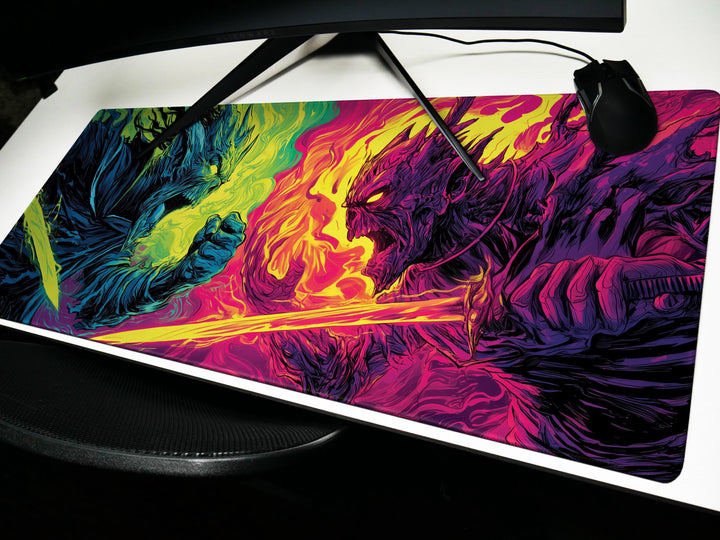 Clash of Infernal Titans, Desk Pad, Mouse Pad, Desk Mat, Neon Duel, Elemental Fury, Fiery Swordsmen, Dark Fantasy Combat