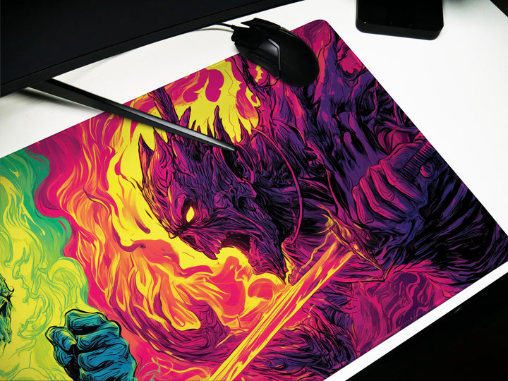 Clash of Infernal Titans, Desk Pad, Mouse Pad, Desk Mat, Neon Duel, Elemental Fury, Fiery Swordsmen, Dark Fantasy Combat
