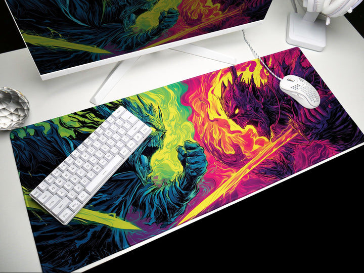 Clash of Infernal Titans, Desk Pad, Mouse Pad, Desk Mat, Neon Duel, Elemental Fury, Fiery Swordsmen, Dark Fantasy Combat