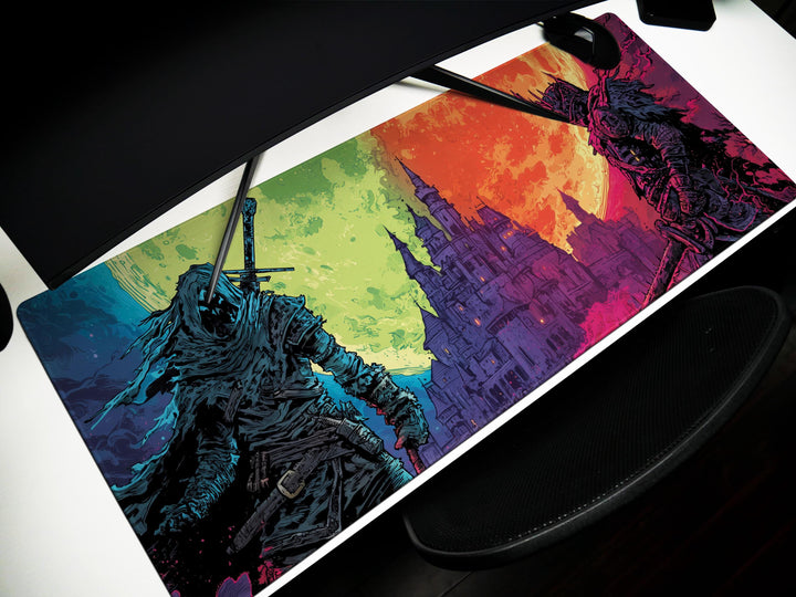 Thrones of Duskfall, Desk Pad, Mouse Pad, Desk Mat, Knightly Confrontation, Dual Moon Sky, Gothic Castle, Dark Fantasy Duel