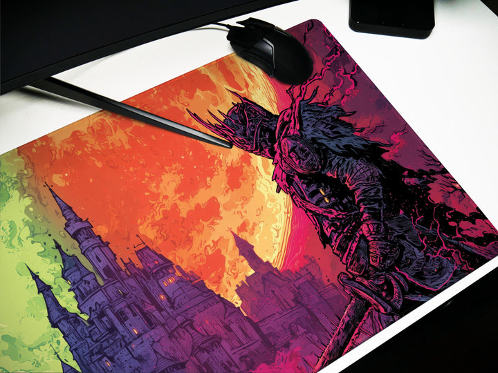 Thrones of Duskfall, Desk Pad, Mouse Pad, Desk Mat, Knightly Confrontation, Dual Moon Sky, Gothic Castle, Dark Fantasy Duel
