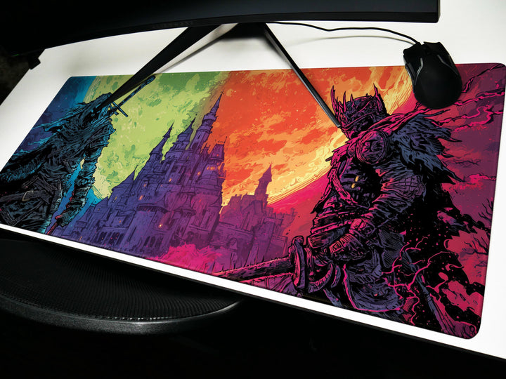 Thrones of Duskfall, Desk Pad, Mouse Pad, Desk Mat, Knightly Confrontation, Dual Moon Sky, Gothic Castle, Dark Fantasy Duel