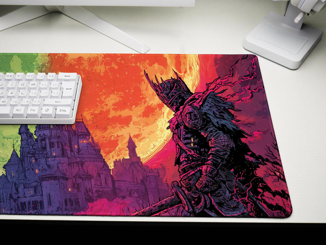 Thrones of Duskfall, Desk Pad, Mouse Pad, Desk Mat, Knightly Confrontation, Dual Moon Sky, Gothic Castle, Dark Fantasy Duel