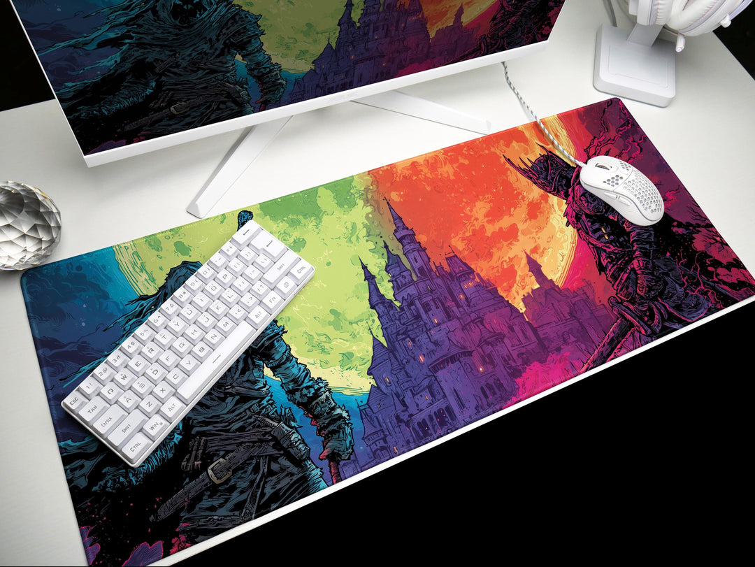 Thrones of Duskfall, Desk Pad, Mouse Pad, Desk Mat, Knightly Confrontation, Dual Moon Sky, Gothic Castle, Dark Fantasy Duel