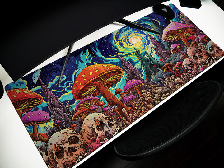 Psychedelic Skullscape, Desk Pad, Mouse Pad, Desk Mat, Cosmic Mushroom Forest, Vibrant Fantasy Art, Surreal Night Sky, Bold Statement Piece